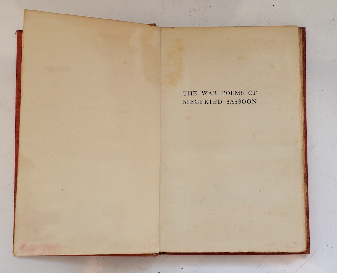 Sassoon, Siegfried - The War Poems. First Edition. half title; publisher's red cloth, with cover and spine printed labels, sm. 8vo. William Heinemann, 1919